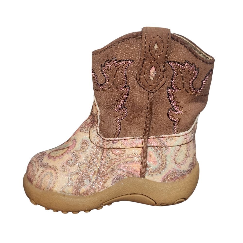 Roper Newborn Size 2 Soft Cowboy Boots Brown Yellow Paisley Side Zip Shoes